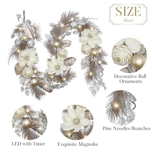 Valery Madelyn 6 Feet Pre-Lit Christmas Garland with White Gold Flower - color: Champagne Gold, size: 6 feet