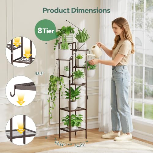 Quikraen 8-Tier Brown Plant Stand with Grow Lights, 58.5" Tall Ultra-Narrow Corner Plant Shelf with 2-Head LED Grow Light & Hanging Hooks, Space-Saving Metal Flower Pot Holder Rack for Indoor Plants, Patio, Balcony - color: Brown, size: 8-Tier with grow l