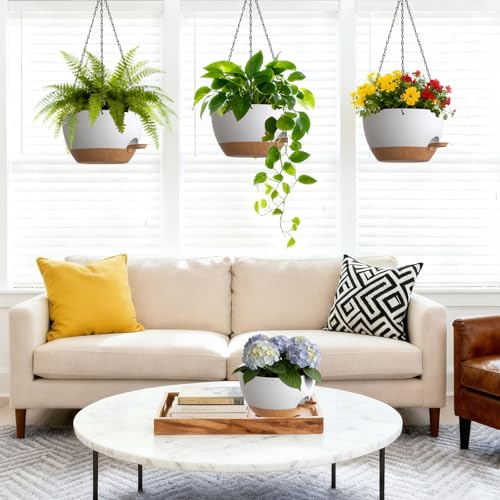 UOUZ Set of 3-10 Inch Self Watering Hanging Planters for Indoor Outdoor,Hanging Plant Pots with Drainage & Removable Tray, Hanging Pots Holder for Pothos Plant, Ferns, Balcony & Patio,White with Brown - color: White With Brown, size: 10inch-3pack