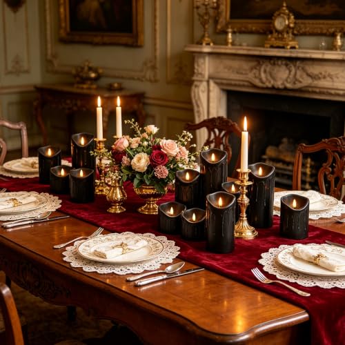 Nimiko Flameless Candles with Remote, Battery Operated Flickering Flameless Candles, LED Candles with Timer 2/4/6/8H, Realistic Drop Wax flameless Candle Set of 9 (D3 x H 3" 4" 5" 6" 7") (Black) - color: Black-dripping wax