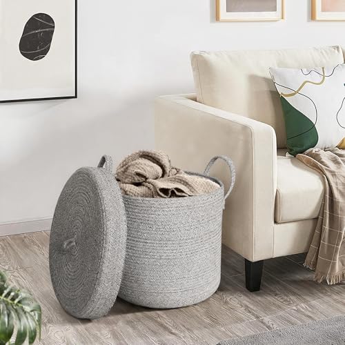 15”x13” Storage Basket with Lid, Blanket Storage for Living Room, Woven Cotton Rope Bin with Cover, Kids Dog Toy Box, Baby Laundry Basket with Lid, Covered Blankets Pillows Holder, Gray - color: Natural Beige