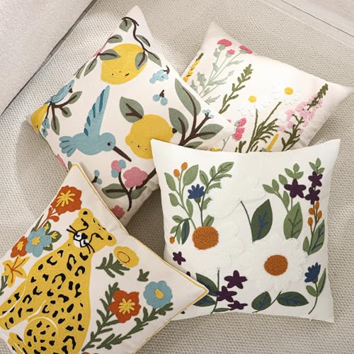Embroidered Throw Pillow Covers 18x18 Pack of 2 Bird Lemon - color: Birds&lemons