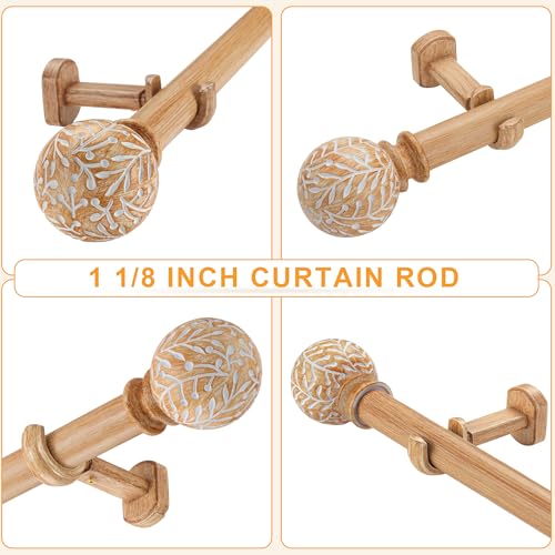 1-1/8 Inch Diameter Wood Curtain Rods for Windows 48 to 84 inch - Adjustable Seamless Aluminum Bracket - Heavy-Duty Boho Curtain Rods with Seaweed Finial - Light Wood Grain - color: Brown Wood Grain, size: 48-84"