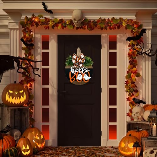 Halloween Ghost Wreath, Wooden Halloween Ghost Door Sign Wreath Decorations for Front Door Hanger