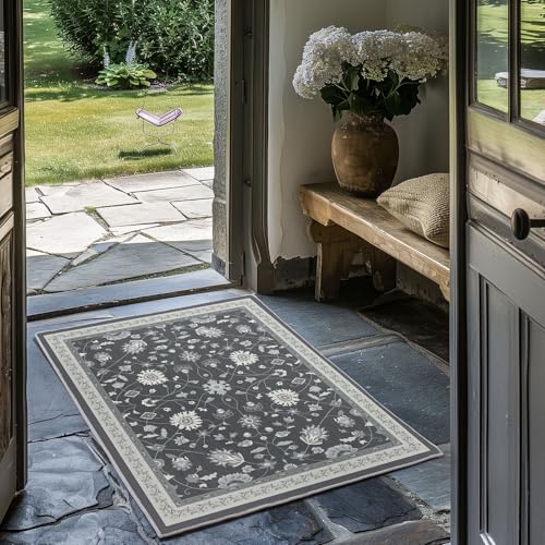 EverGrace Area Rugs for Entryway 2x3, Boho Floral Faux Wool Indoor Outdoor Small Rugs, Washable Rugs for Bedroom Bathroom Laundry Doormat, Low Pile Floor Mat Carpet for Home Decor, Ebony Black - color: Ebony Black Multi, size: 2'x3'