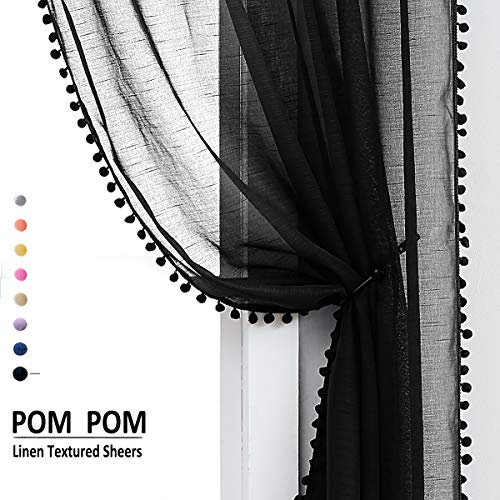 Black Sheer Curtains for Living Room 52x95" Pom Pom Trimmed Voile Drape 2pc - color: Modern Black, size: 52"W x 95"L (Pack of 2)