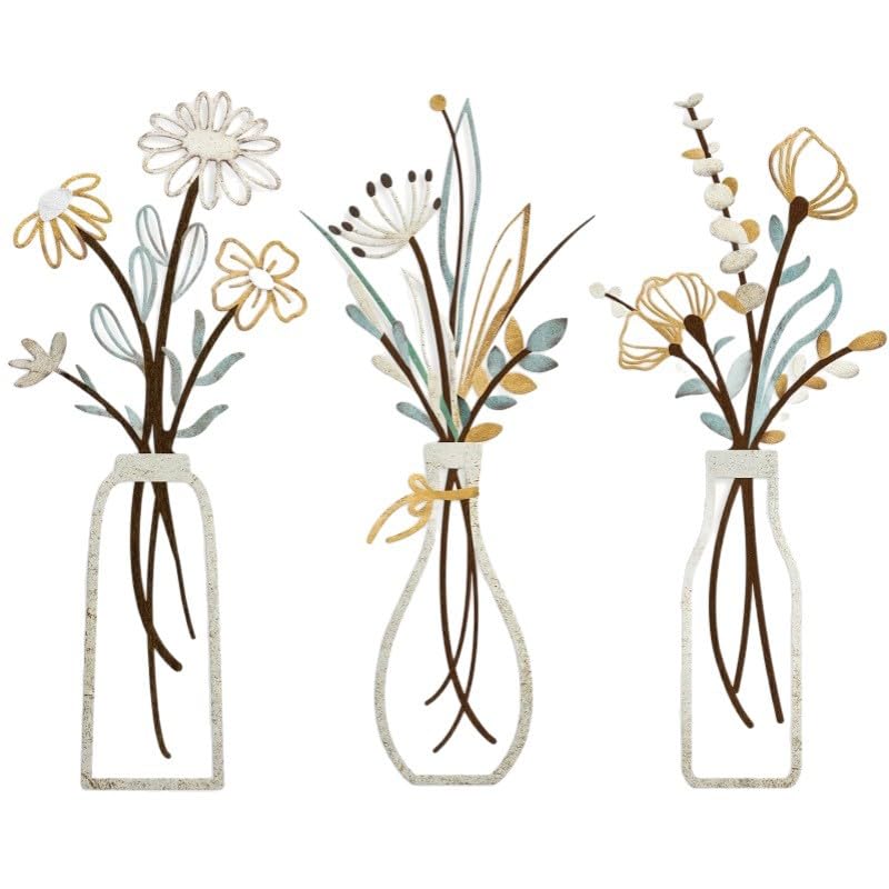 Embewhis Metal Wall Art Flowers 3pcs, Rustic Farmhouse Flower Sculptures, 13.7" Wall Art Decor, Drill-Free Install Option for Living Room, Kitchen, Bedroom & Bathroom - size: A