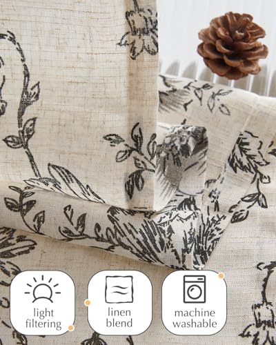jinchan Black Floral Kitchen Tier Curtains Alice 24 Inches Tie Top 2 Panles - color: Alice Black on Linen, size: 26"W x 24"L (Pack of 2)