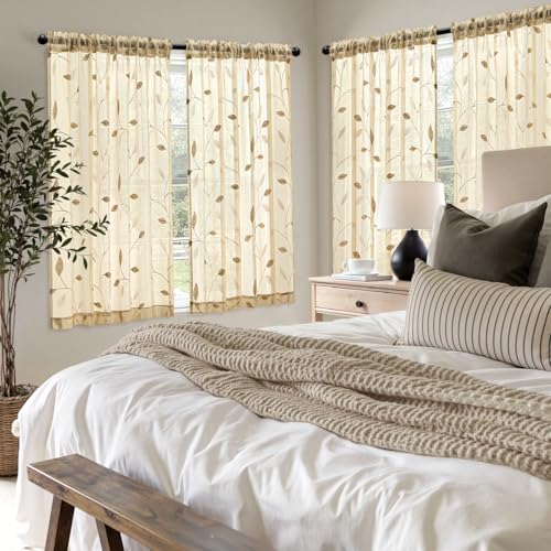 MIULEE Beige Sheer Curtains 2 Panels Embroidered Leaf Patterned, W52 x L54 - color: Beige, size: 52"W x 54"L (Pack of 2)