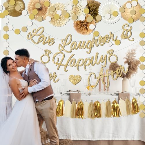Bridal Shower Decorations,Gold Glitter Bridal Shower Decorations includes Love Laughter Happily Ever After Decorations Paper Flower Ball Wedding Decorations for Home Party Bachelorette Party Supplies - style: Gold