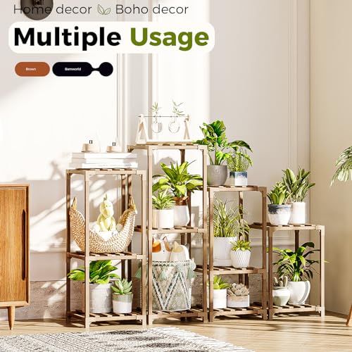 Bamworld Plant Stands Indoor 4 Sets Plant Shelves Outdoor - color: Brown, size: 4 Sets