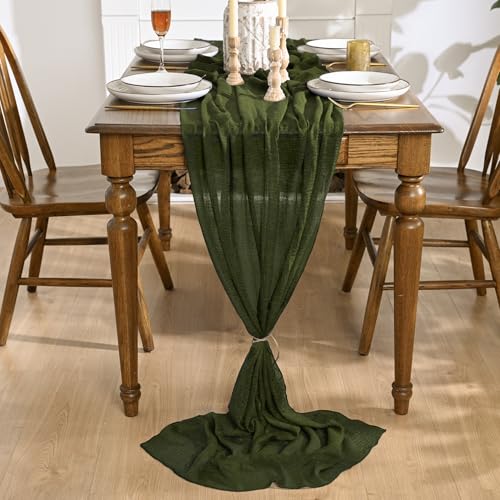 Artoid Mode Boho Cheesecloth Gauze Olive Green Wedding Table Runner, 120 Inch Seasonal Fabric Kitchen Dining Holiday Table Decor for Home Party Indoor - color: Olive Green, size: 120"