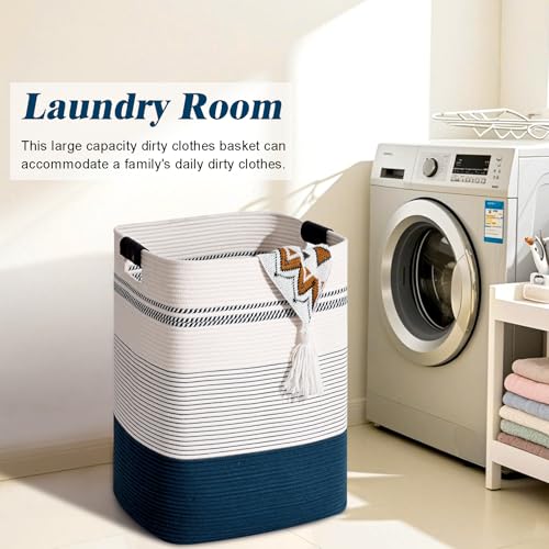 Laundry Hamper, 85L Tall Laundry Basket with Leather Handles, Rectangle Large Clothes Hamper for Organizing, Cotton Woven Laundry Baskets Storage Hampers for Bedroom, Nursery, Living Room - color: Dark Blue & White, size: 85L