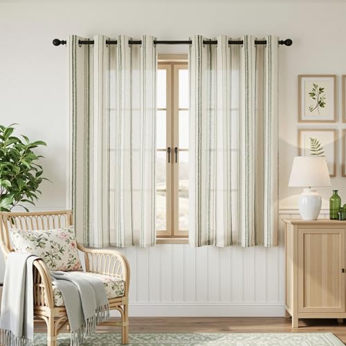 MYSKY HOME Green Striped Linen Curtains for Bedroom 63 Inches 2 Panels - color: Green, size: 52"W x 63"L (Pack of 2)