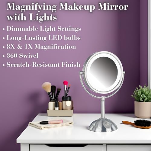 JERDON Lighted Makeup Mirror with 8X Magnification - Nickel - HL8808NL - color: Nickel