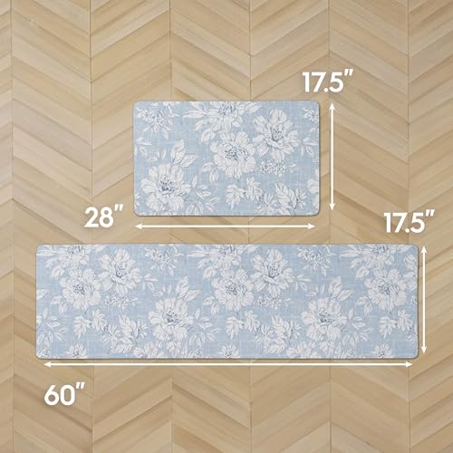 Laura Ashley - Anti-Fatigue Kitchen Mat, Iris Floral Design, Stain, Water & Fade Resistant, Cooking & Standing Relief, Non-Slip Backing, 2 Piece Set: 17.5" x 60" / 17.5" x 28" Light Blue Iris - color: Light Blue / Gray, size: 60"L x 17.5"W / 28"L x 17.5"W