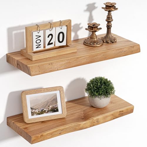Floating Shelves for Wall, Solid Elm Wood Shelves, 20in Set of 2, Natural - color: Natural, size: Live Edge, 20inch, 2Packs