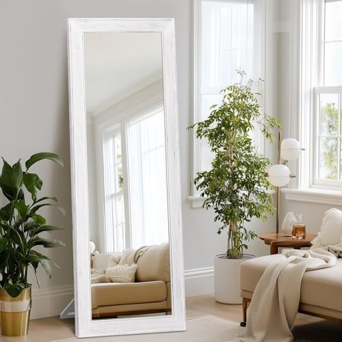 65x22in Full Length Mirror, Rustic White Beveled Wood Frame - color: White-beveled Frame, size: 65"L x 22"W