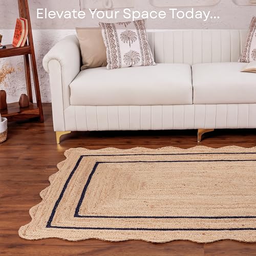 Wave Scalloped Jute Rug Entryway Natural Boho Area Rug Navy Blue 2'x4' - color: Navy Blue, size: 2'x4'