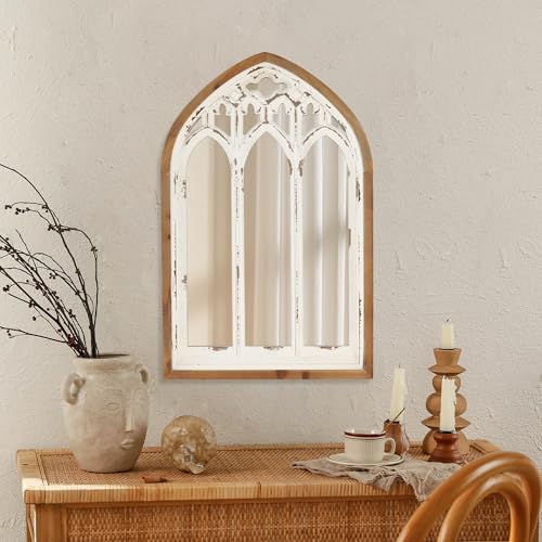 Arch Window Wall Mirror - Farmhouse Cathedral Wall Decor with Wooden Frame for Entryway Hallway Living Room - 16.14" x 1.38" x 25.2"