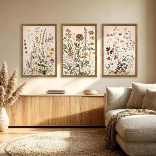 WRFON Botanical and Flower Canvas Wall Art, Framed Wildflower Wall Art Set of 3, Vintage Meadow Flower Canvas Prints, Cottagecore Floral Decor for Living Room Bedroom Bathroom Farmhouse Home, 24x36 - color: Vintage Wildflower(Framed), size: 36"L x 24"W