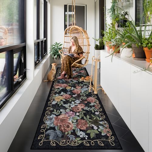 Washable 2x8 Runner Rug, Navy Boho Floral Non-Slip for Hallway, Kitchen - color: Dark Navy, Dusty Rose, Mustard and Blue Grey, size: 2' x 8' (Rectangular)
