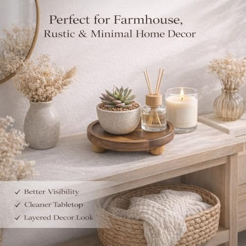 Wooden Riser for Display, 7 Inch Round Wood Riser Pedestal Stand, Small Round Wooden Tray & Wood Pedestal Tray, Elevated Tray for Candles Plants Bottles Vases, Farmhouse Tabletop Entry Table Centerpiece Decor