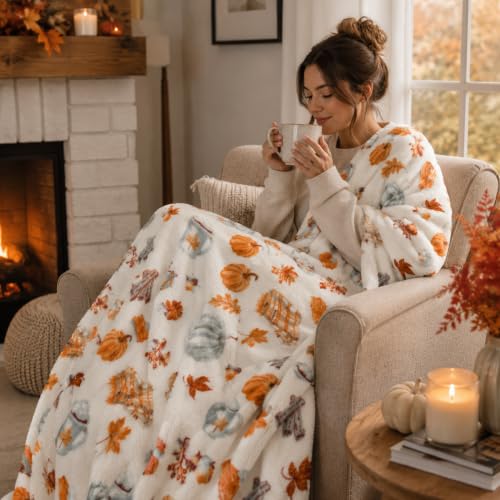 Fall Soft Fleece Throw Blanket, Pumpkin Spice Design, 50x70, Oversized - color: White Brown Tan