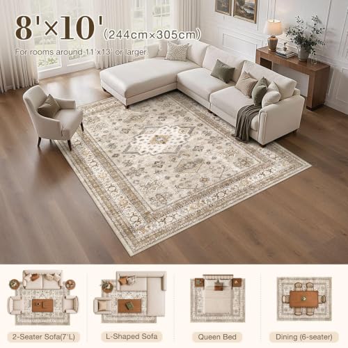 cotiled 8x10 Area Rug for Living Room, Washable, Traditional, Beige - color: Beige, size: 8' x 10' (Rectangular)
