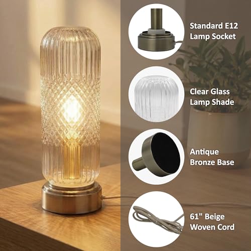 Buruis 11.6 Inch Touch Dimmable Table Lamp with Ribbed Glass Shade, Clear - color: Clear