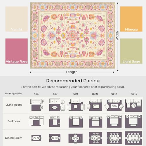 4x6 Vintage Botanical Cream Rose Living Room Area Rug Oriental Washable - color: Vanilla Cream/Dusty Rose/Orange/Light Sage, size: 4' x 6' (Rectangular)