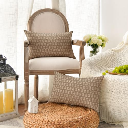 AVOIN colorlife Vintage Floral Boho Throw Pillow Covers Set of 2, 12 x 20 Inch Modern Farmhouse Bohemia Flowers Tan Taupe Cushion Case Decoration for Sofa Couch Living Room Bedroom - color: Tan Taupe, size: 20" x 12" (Pack of 2)