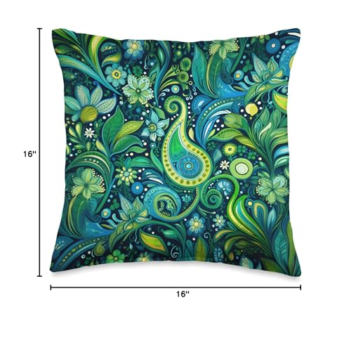 Green Blue Paisley Floral Leaf Pattern Throw Pillow - size: 16x16