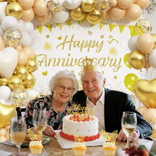 Happy Anniversary Decorations, 89pcs Wedding & Work Anniversary Party Decorations for Women Men, 50th 60th 30th 20th, Backdrop, Banner, Tablecloth, Foil & Latex Balloons, Cake Topper