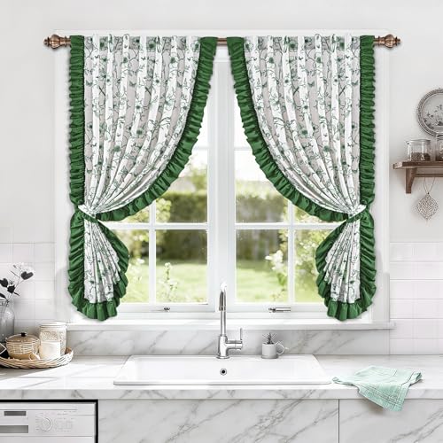 Yinhua Green Floral Kitchen Curtains 36 Inch with Ruffle and Tieback, Vintage French Linen Kitchen Window Curtains Over Sink, Light Filtering Rod Pocket Small Cafe Curtain, 26" W x 36" L, 2 Panels - color: Green, size: 26"W x 36"L (Pack of 2)
