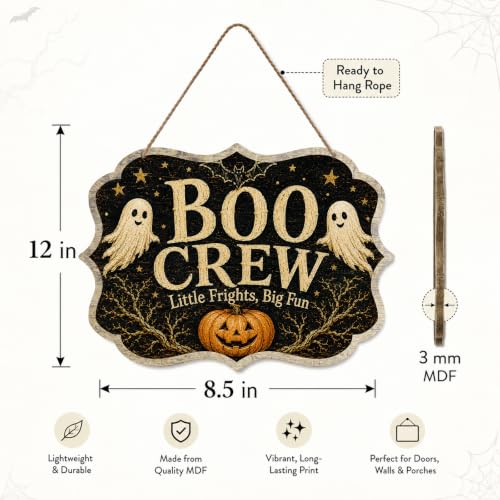 Boo Crew Halloween Hanging Sign for Front Door, Cute Ghost Pumpkin Wall Decor, Rustic Farmhouse Halloween Door Plaque With A Rope for Kids Party Porch Indoor Outdoor Decoration(D04) - color: Boo Crew