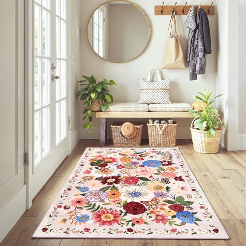 Blush Floral Entryway 3x5 Rug for Bathroom Bedroom Washable Rug - color: Blush Beige, size: 3' x 5' (Rectangular)
