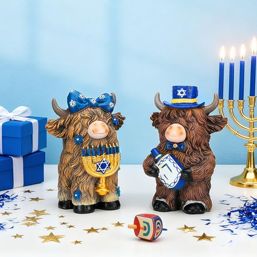 2 Pcs Hanukkah Highland Cow Figurines Decor, Blue Hanukkah Style - style: Hanukkah