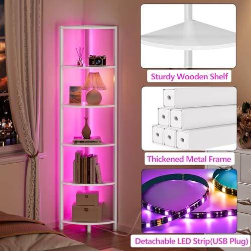Furnulem 6 Tier Corner Shelf with LED Light, 67.5" White Narrow Bookshelf - color: White