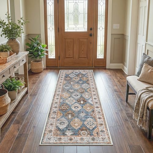 HOOBRO 2 x 6 Runner Rugs Washable, Area Rugs for Hallway Kitchen Bedroom Beside Laundry Bathroom Rug, Non-Slip Backing Stain Resistant Carpet, Pet Friendly Low Pile Soft Rug, Light Blue BU02AR01 - color: Light Blue, size: 2' x 6' (Rectangular)