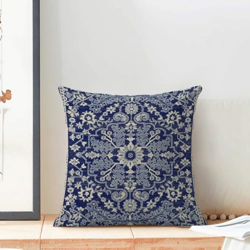 Navy Blue White Boho Pillow Covers 18x18 Set of 2, Carpet Design Decorative Boho Throw Pillows Linen Farmhouse Bohemian Cushion Pillow Covers for Sofa Couch Outdoor Decor - color: Boho-3, size: 18" x 18" (Pack of 2)