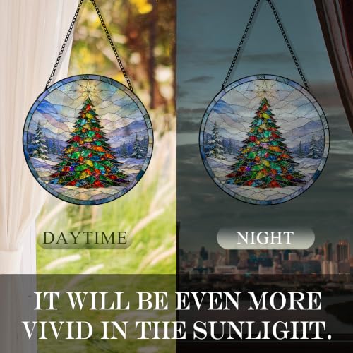 Rustic Christmas Tree Suncatcher Stained Glass Window Hanging, Colorful Winter Xmas Tree Scene Sun Catchers Indoor Window Glass Round Wall Decor, Christmas Wall Art Hanging Decorations 7.8x7.8 - color: Christmas_11