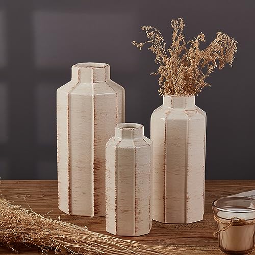 Ceramic Rustic Farmhouse Vase Set of 3,Ice Cracked Glazed Terracotta Vase - color: 18096lms-ec-beige