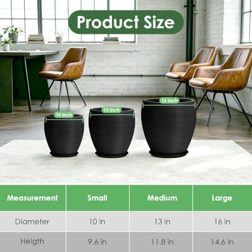 QRRICA Large Round Plastic Planter Set of 3 –16+13+10 Inches with Drainage & Rubber Plugs – Indoor Outdoor Pots for Flowers, Vegetables, Herbs (Black, 16+13+10 inch) - color: Black, size: 16+13+10 inch