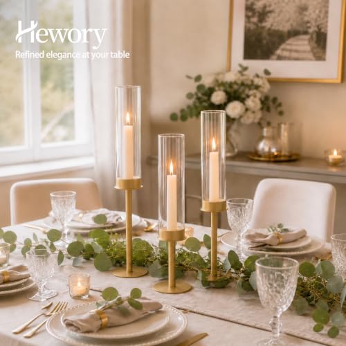 Hewory Gold Candlestick Holders: 3PCS Glass Hurricane with Brass Base - color: Matte Gold, size: 3pcs