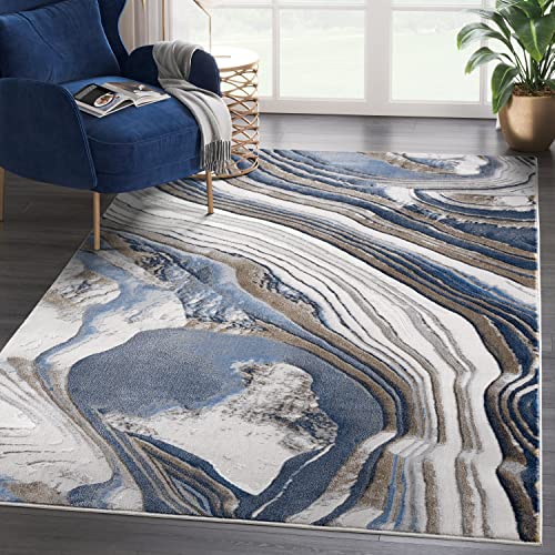Abani 4’ x 6’ Modern Topography Design Blue Washable, Grey & Gold Area Rug Rugs Modern Pattern Dining Room Rug