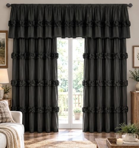 HIG 2 Pack Black Ruffle Handcrafted Window Valances, 52"x18" - color: Black, size: 52"W x 18"L (Pack of 2)