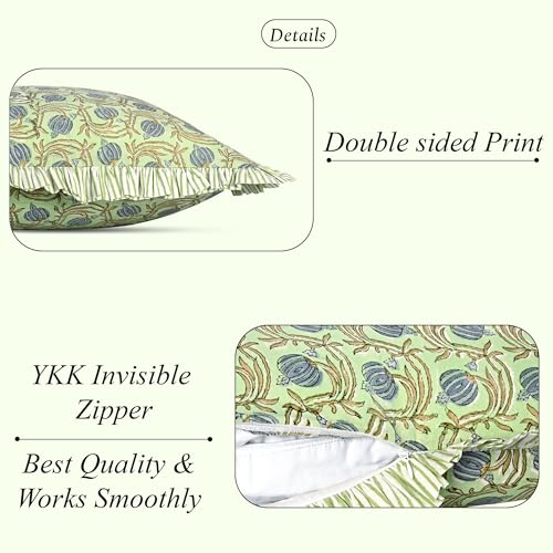 Ridhi Apple Green Block Print Ruffle Pillow Covers 20x20 Inch Set of 2 - color: Apple Green Floral, size: 20" x 20" (Pack of 2)