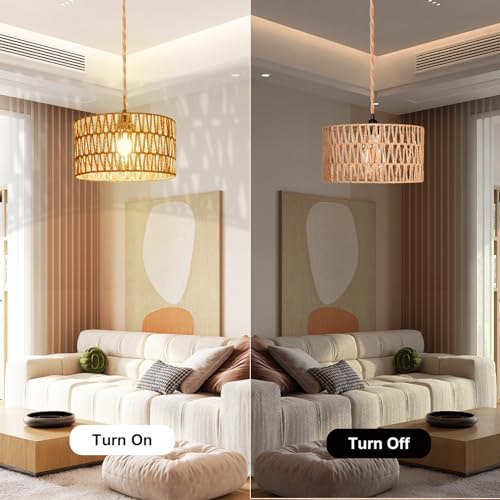 Maliralt Hanging Lamps Rattan Pendant Light Hanging Lights 16.4ft Plug in Cord Pendant Light Fixture Plug Into Wall Outlet Pendant Lighting with On Off Switch for Bedroom Living (Cylindrical Shade) - size: 12.6 Inch - Cylindrical Shade
