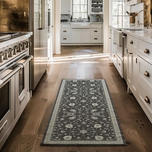 EverGrace Hallyway Area Runner Rugs 2x6, Boho Floral Faux Wool Indoor Outdoor Rugs, Washable Rugs for Bedroom Bathroom Living Room Kitchen, Low Pile Floor Mat Carpet for Home Decor, Ebony Black - color: Ebony Black Multi, size: 2'x6'